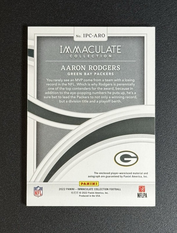Aaron Rodgers 2022 Panini Immaculate Patch Auto #IPC-ARO Packers 01/15 view 2