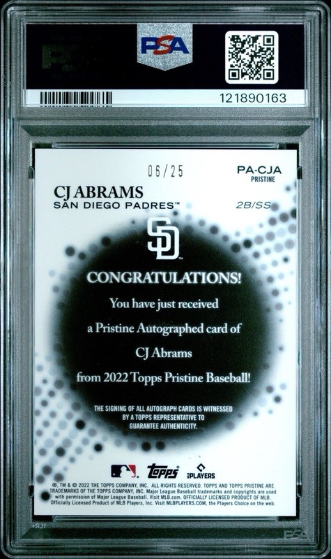 CJ Abrams 2022 Topps Pristine - Orange Refractor /25 ROOKIE AUTO - PSA 10 GEM MT view 2