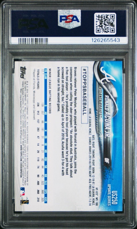 2018 Topps Update RONALD ACUNA JR. RED BLUE SHIRT ROOKIE SP #US250 PSA 10 BRAVES view 2