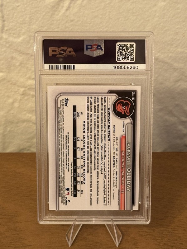2024 Bowman Chrome Rookie Auto Jackson Holliday #CRA-JHO Refractor /499 PSA 10 view 2