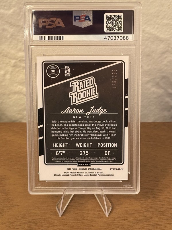 2017 Aaron Judge Panini Donruss Optic Rated Rookie Aqua Prizm /299 PSA 9 RC view 2