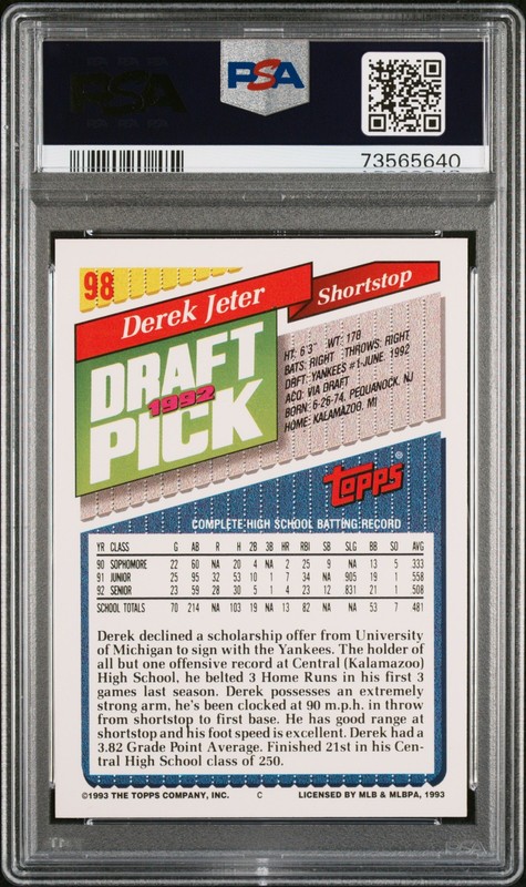 1993 Topps #98 Derek Jeter PSA 9 view 2