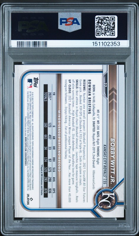 2022 Bowman Chrome #77 Bobby Witt Jr. PSA 10 view 2