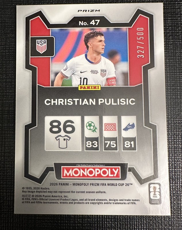 🇺🇸 USA! Panini Monopoly Prizm FIFA World Cup 2026 Pulisic 47 Gold Shimmer /500 view 2