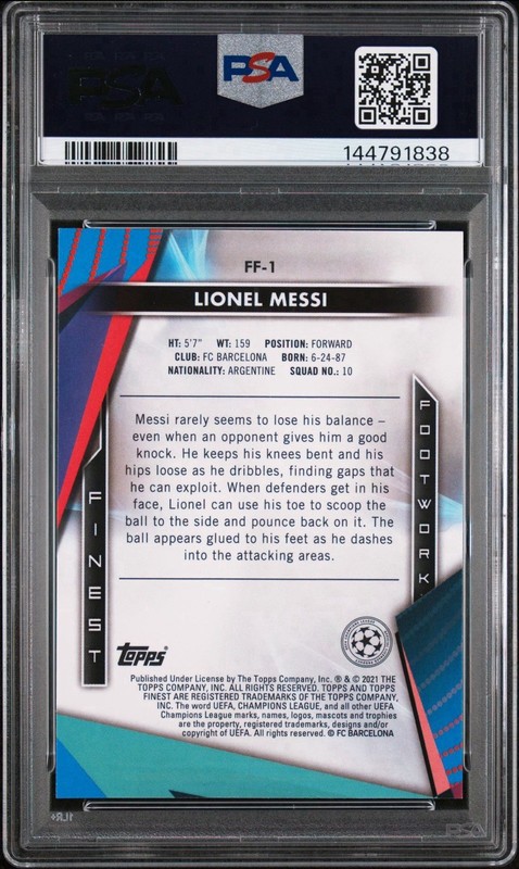 Lionel Messi 2020-21 Topps Finest UCL Finest Footwork PSA 4 view 2