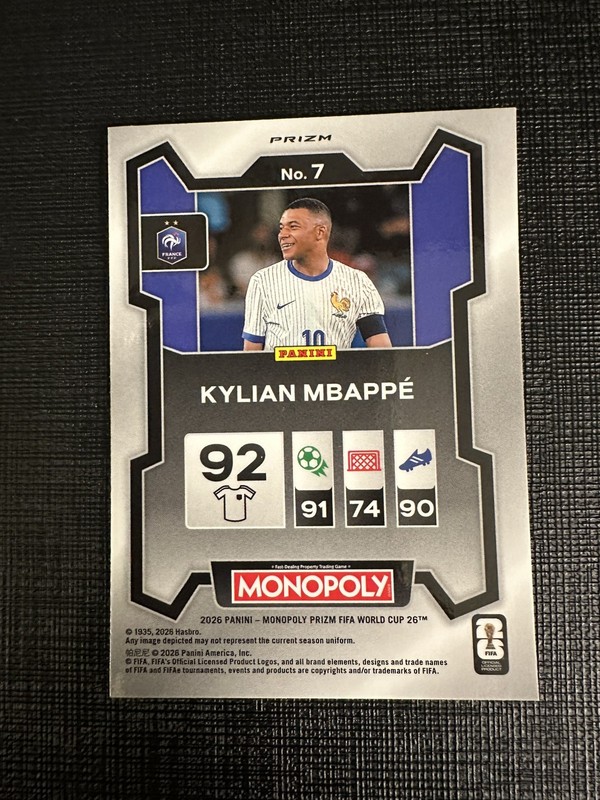 2026 FIFA World Cup Panini Prizm Monopoly Kylian Mbappe Gold Cracked Ice Prizm 7 view 2