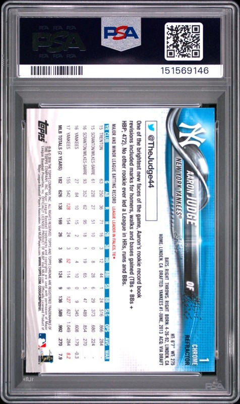 2018 Topps Chrome Aaron Judge #1 Batting Refractor PSA 9 MINT Yankees view 2