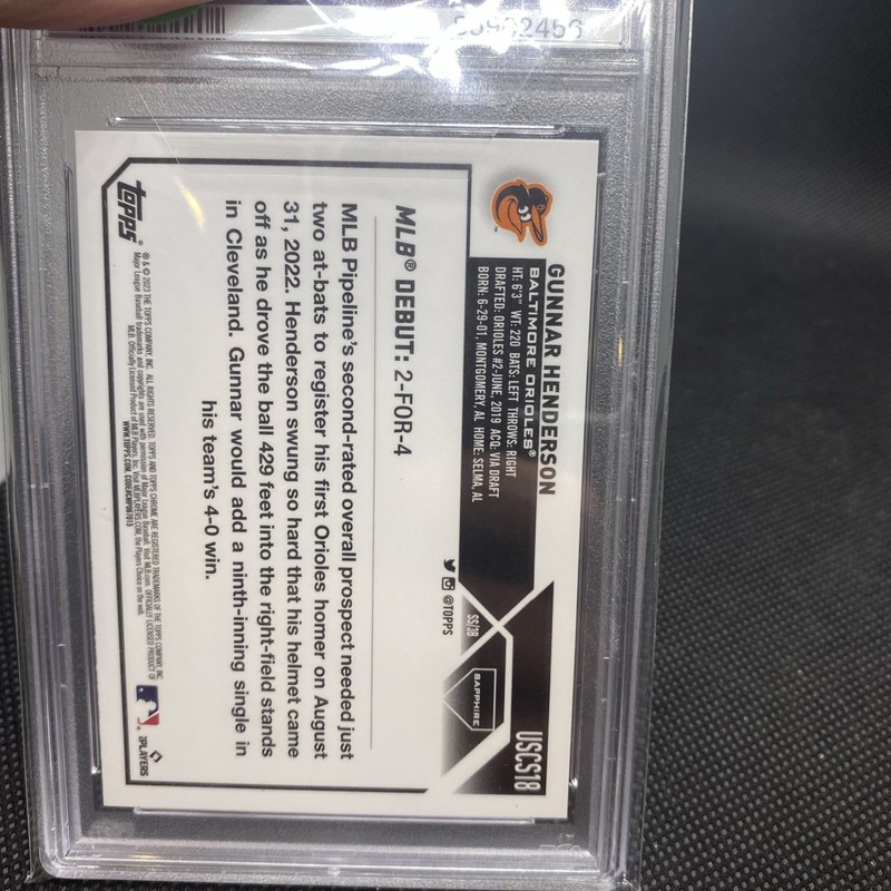 2023 Topps Chrome Update Sapphire Gunnar Henderson RC #USCS18 Orioles PSA 10 view 2