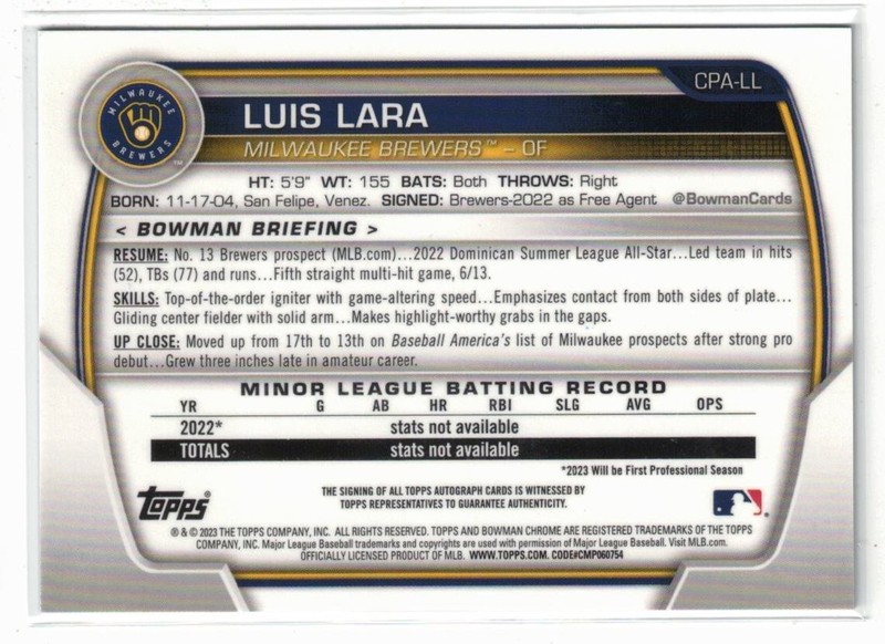 2023 1st Bowman Chrome RC AUTO Luis Lara #CPA-LL! Brewers! Rookie! Autograph! view 2