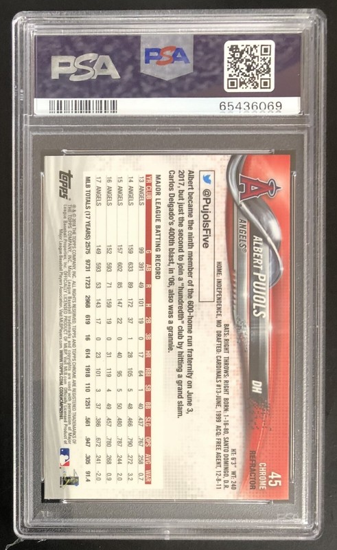 2018 Albert Pujols Topps Chrome Refractor Graded PSA Gem Mint 10 Pop 54 view 2