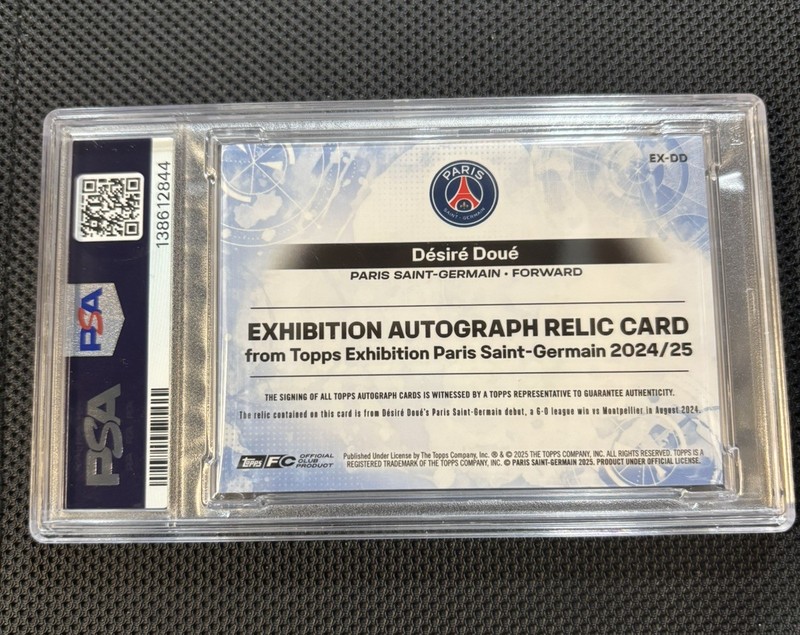 2024-25 Exhibition PSG Desire Doue Patch Auto /25 PSA 8 Auto 10 POP 1 Match Worn view 2