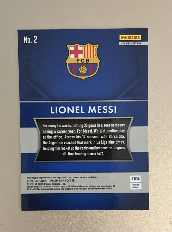 2025-26 Panini Prizm FIFA Lionel Messi #2 Silver Prizm Flashback Soccer Card view 2