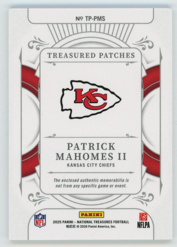 2025 Panini National Treasures Treasured Patches #TP-PMS Patrick Mahomes II /25 view 2