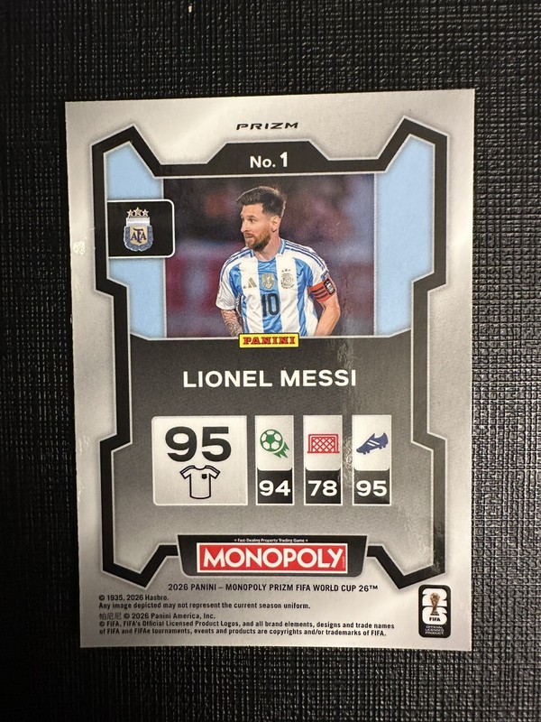 2026 Panini Prizm Monopoly FIFA World Cup 1 Lionel Leo Messi Gold Cracked Ice SP view 2