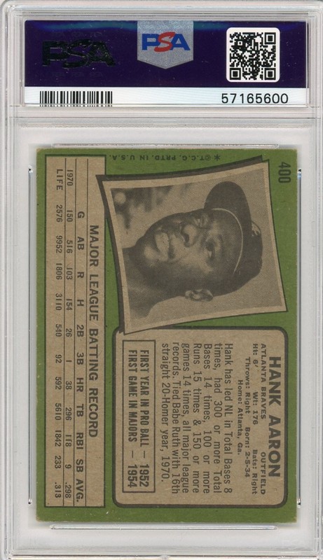 HANK AARON 1971 TOPPS #400 PSA 3 view 2