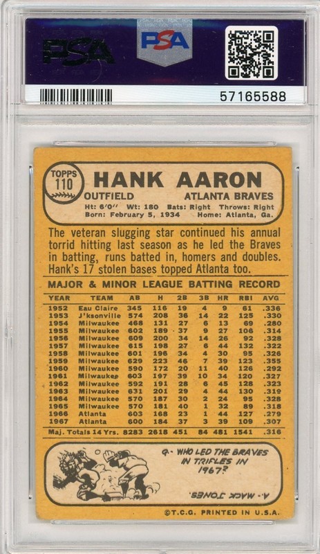 Hank Aaron 1968 Topps #110 PSA 2  Well Centered, Tough Grade view 2