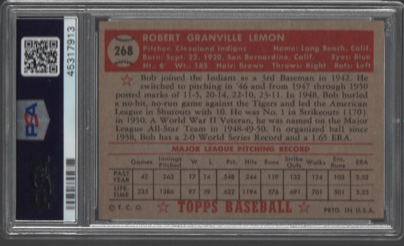 BOB LEMON ~ 1952 Topps #268 CLEVELAND INDIANS HOF ~ PSA 5 view 2