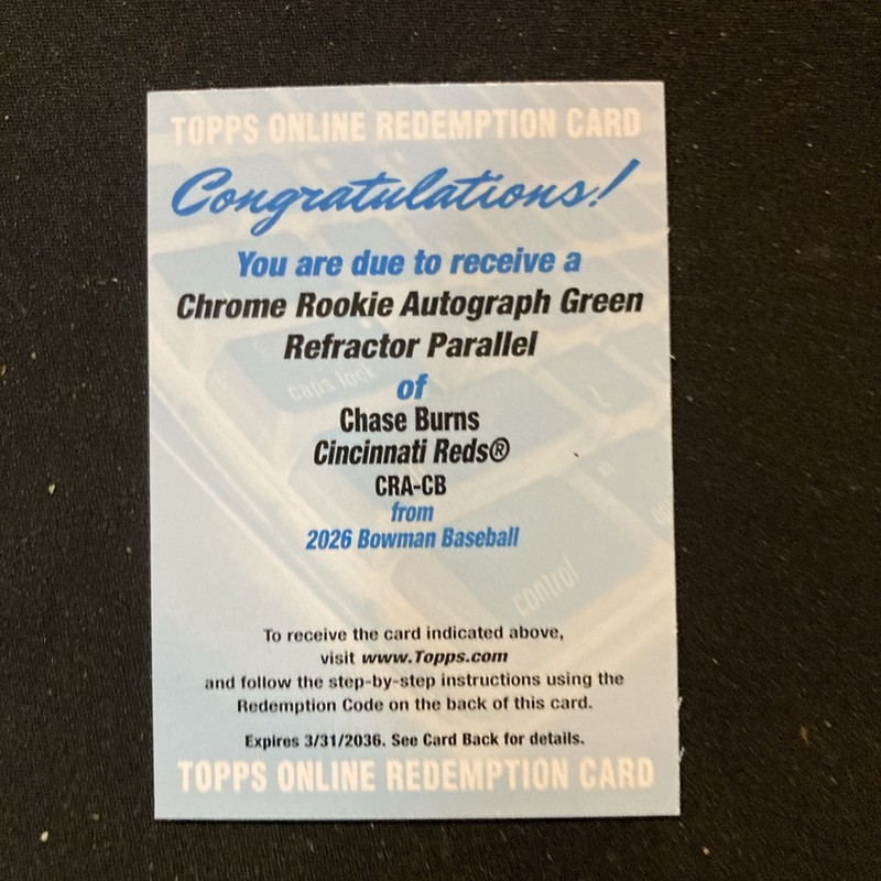2026 Bowman Chase Burns #CRA-CB Redemption Chrome Auto Refractor Green Parallel