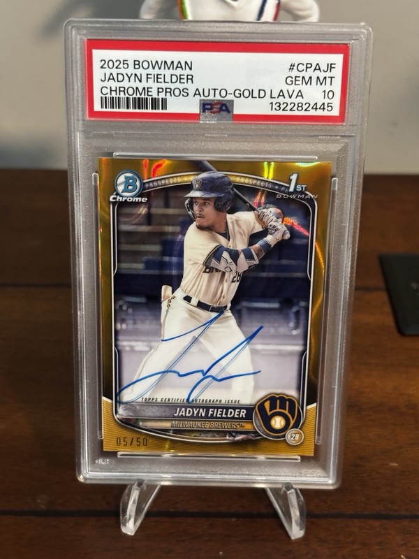2025 Jadyn Fielder 1st Bowman Chrome Chrome Auto Gold Lava /50 PSA 10 Gem Brewer