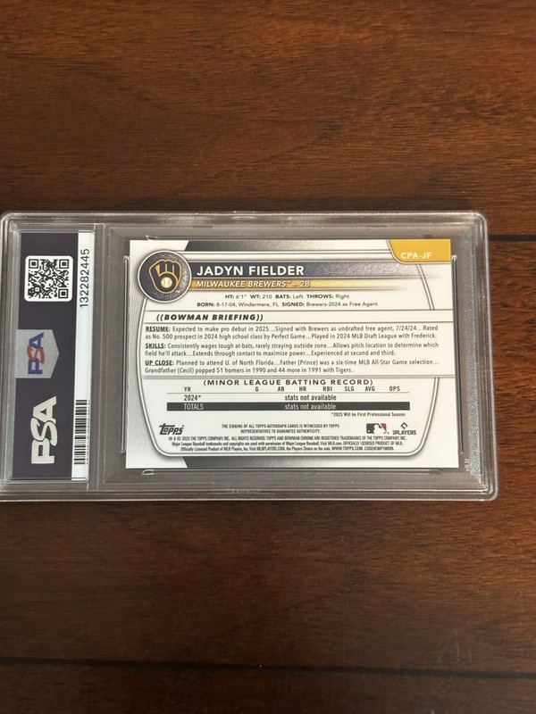 2025 Jadyn Fielder 1st Bowman Chrome Chrome Auto Gold Lava /50 PSA 10 Gem Brewer view 2