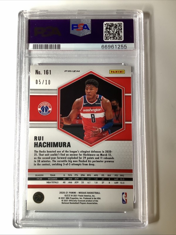 2020-21 Panini Mosaic Pink Fluorescent Rui Hachimura 05/10 PSA 10 GEM LAKERS view 2