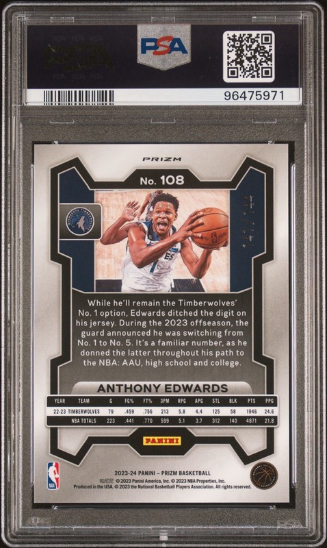 2023 Prizm 108 Anthony Edwards Blue Sparkle /144 💥PSA 10 💥pop 21 Color Match view 2