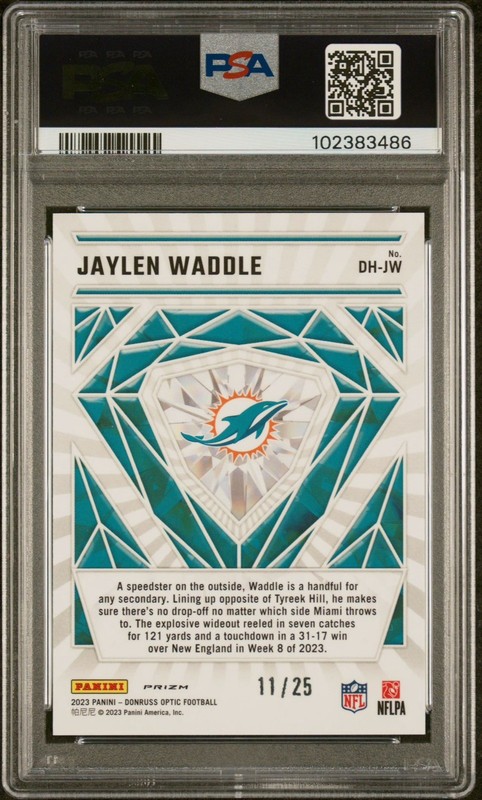 2023 Panini Donruss Optic Diamond Hands Jaylen Waddle Purple Stars /25 PSA 9 view 2