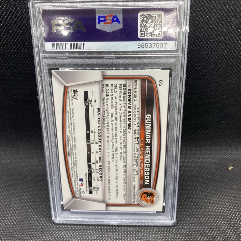 2023 Bowman Chrome Mega Box Mojo Gunnar Henderson #65 Pink Refractor /199 PSA 10 view 2