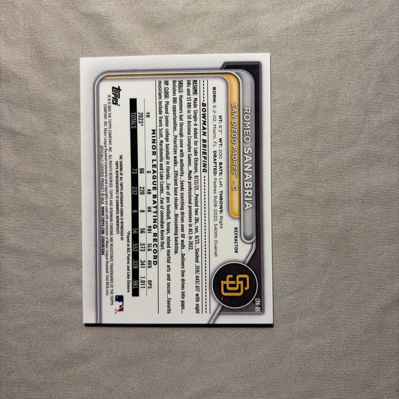 2024 Bowman Chrome 1st Prospect Romeo Sanabria Refractor Auto /499 #CPA-RS RC view 2
