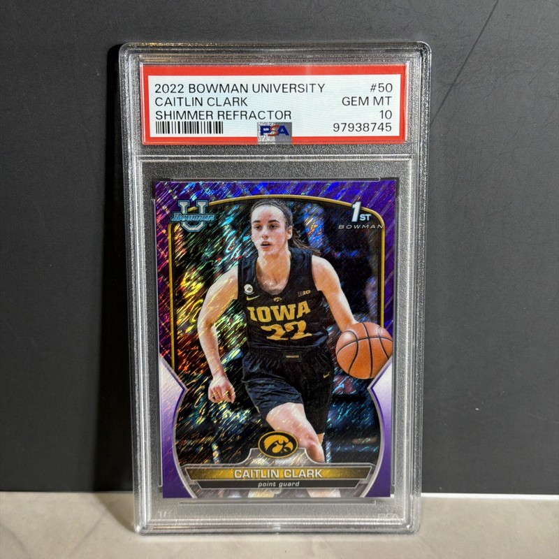 2022-23 Bowman University Chrome CAITLIN CLARK PURPLE SHIMMER 1ST ROOKIE PSA 10