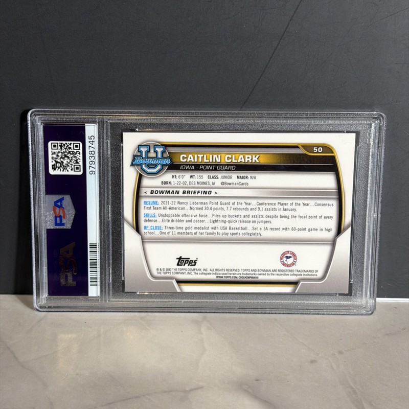 2022-23 Bowman University Chrome CAITLIN CLARK PURPLE SHIMMER 1ST ROOKIE PSA 10 view 2