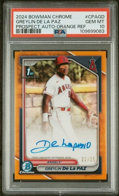 2024 Bowman Chrome GREYLIN DE LA PAZ Angels Orange Refractor /25 AUTO PSA 10 view 1