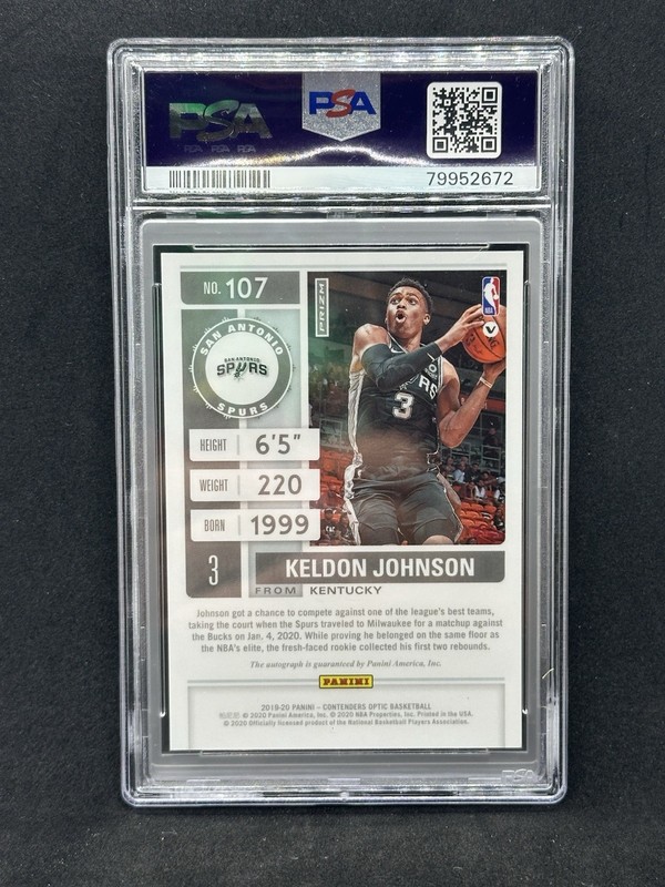 2019-20 Panini Contenders Optic Keldon Johnson Rookie Ticket Auto SP PSA 9 Holo view 2