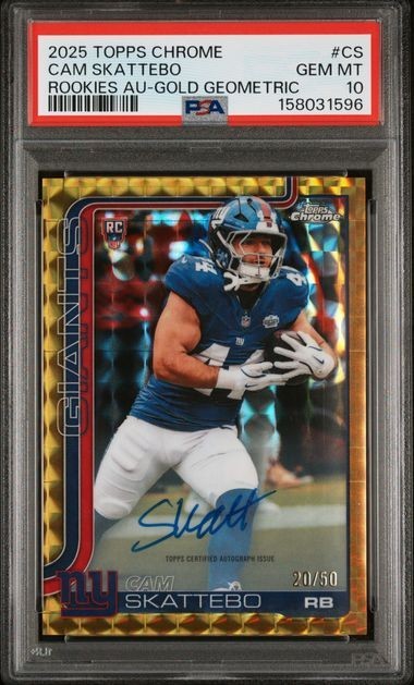 2025 Topps Chrome Cam Skattebo #CS Rookies Auto Gold Geometric 20/50 PSA 10