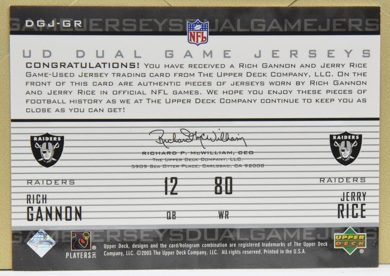 2003 Upper Deck  Dual Game Jerseys #DGJ-GR R. Gannon/J. Rice Jersey Swatches view 2