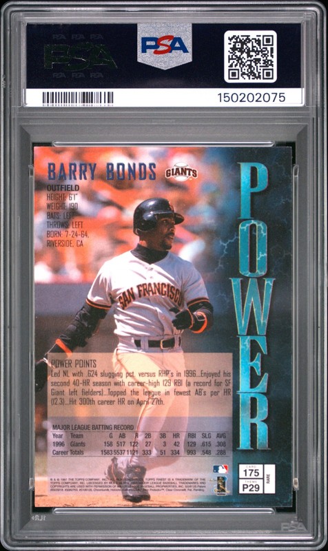 1997 Finest #175 Barry Bonds Rare Gold PSA 9 view 2