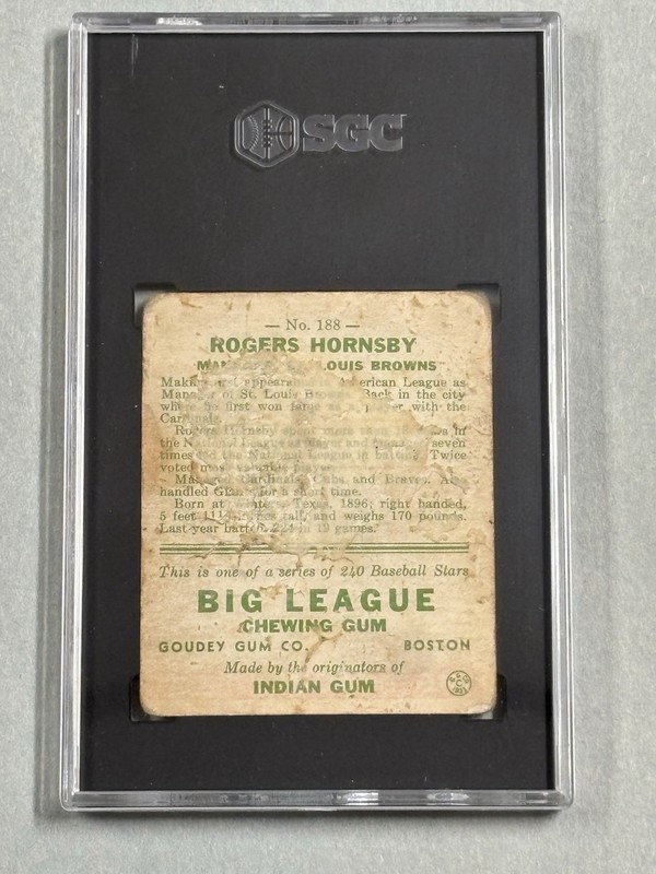 1933 Goudey Rogers Hornsby #188 HOF Browns SGC 1 view 2