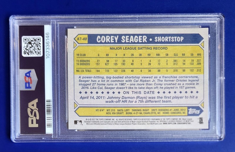 Corey Seager Rookie 2017 Topps #87-40 Future Stars 1987 PSA 9 Mint 2 WS MVPs! view 2