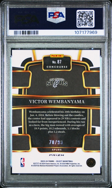 2023 Panini Select Victor Wembanyama /99 Light Blue Disco Rookie PSA 10 view 2
