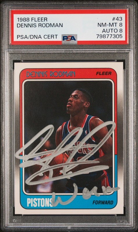 Dennis Rodman 1988 Fleer Signed Rookie Basketball Card #43. PSA 8. NM-MT Auto 8