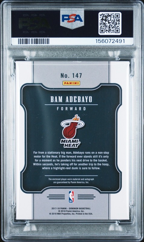 Bam Adebayo 2017 Panini Dominion Jersey Auto Rookie Card #147. /199 PSA 8 NM-MT view 2