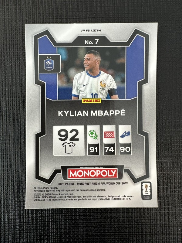 2026 FIFA World Cup Panini Prizm Monopoly Kylian Mbappe Gold Cracked Ice Prizm 7 view 2
