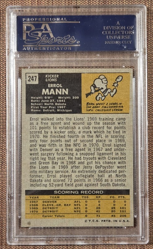1971 Topps #247 Errol Mann Detroit Lions Vintage Original Football Card PSA 7 NM view 2