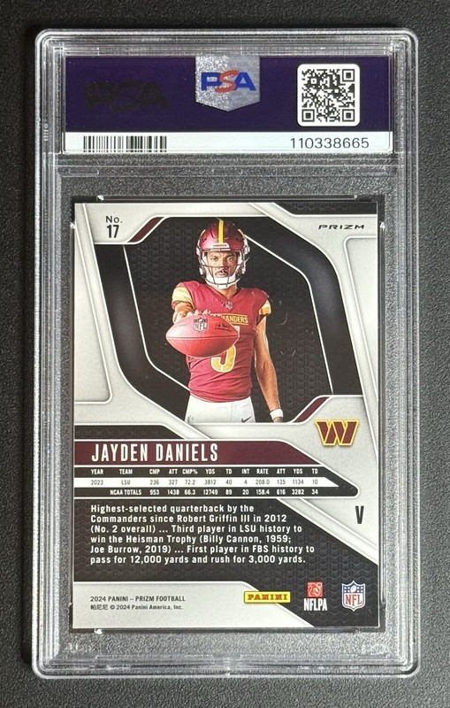 2024 Panini Prizm Jayden Daniels Rookie Variation Silver Prizm #17 PSA 9 view 2