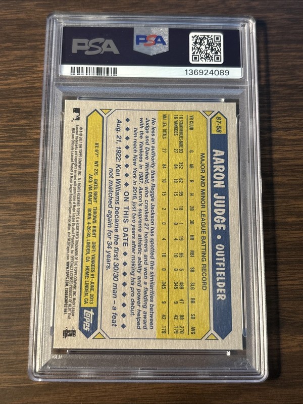 2017 Topps 1987 Aaron Judge RC Rookie #87-58 Yankees PSA 9 Mint view 2