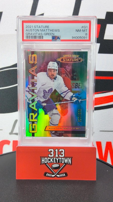 2021 Upper Deck Stature Gravitas Auston Matthews #G1 Green 038/125 PSA 8