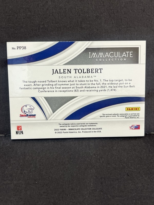 2022 Immaculate Jalen Tolbert Auto Patch RC Nike Laundry Tag 5/5 South Alabamap view 2