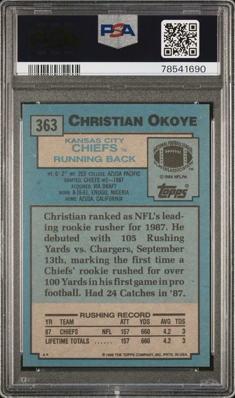 1988 Topps CHRISTIAN OKOYE #363 PSA KANSAS CITY CHIEFS Vtg Football Rookie Card view 2