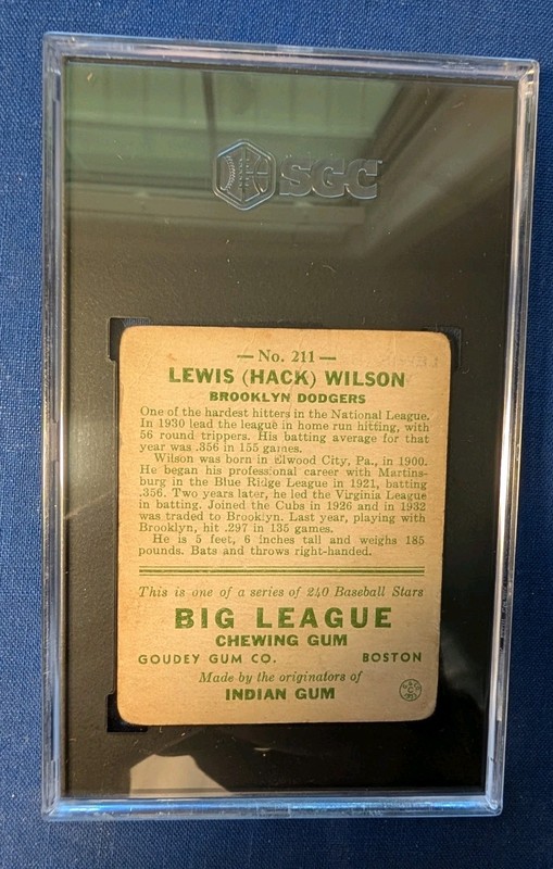 1933 Goudey #211 Hack Wilson RC SGC 1 HOF 191 RBI Clean view 2