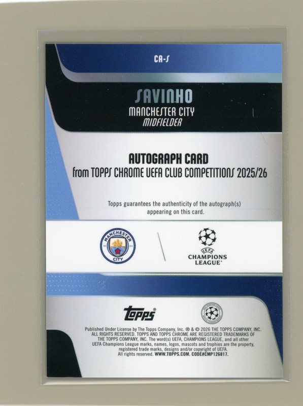 25/26 Topps Chrome UEFA Savinho Pink Refractor Auto /250 Man City view 2